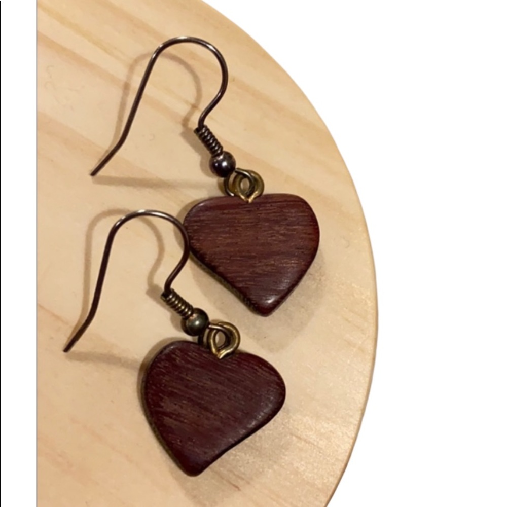 Wooden Heart Dangling Earrings with Wire Hook
